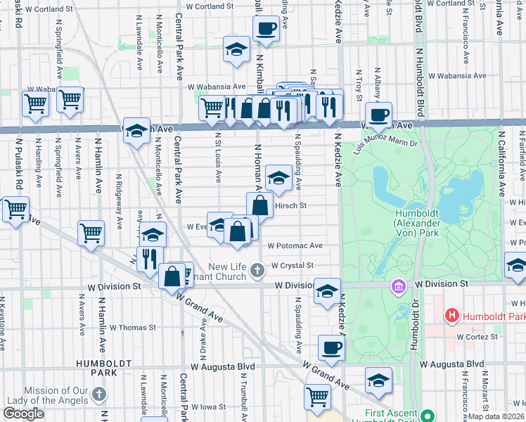 map of restaurants, bars, coffee shops, grocery stores, and more near 3341 West Evergreen Avenue in Chicago