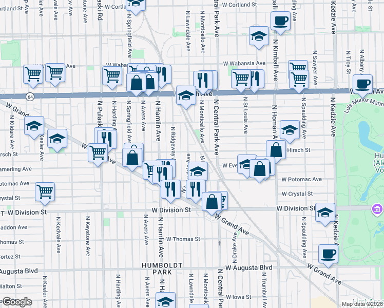 map of restaurants, bars, coffee shops, grocery stores, and more near 1331 North Lawndale Avenue in Chicago