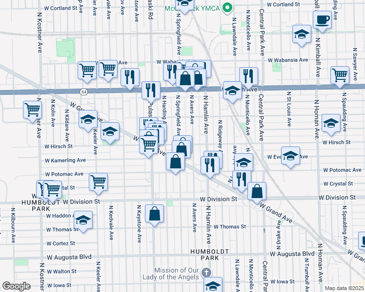 map of restaurants, bars, coffee shops, grocery stores, and more near 1324 North Avers Avenue in Chicago