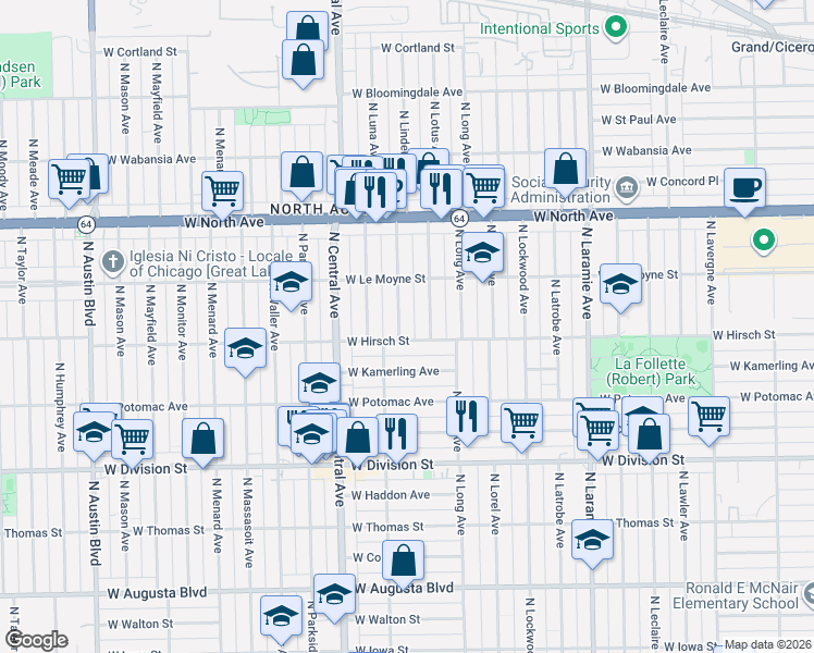 map of restaurants, bars, coffee shops, grocery stores, and more near 5469 West Hirsch Street in Chicago
