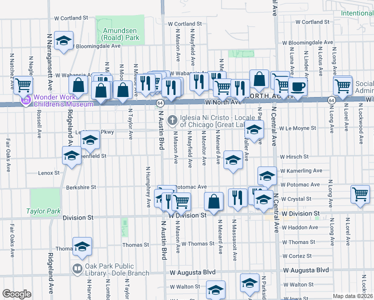 map of restaurants, bars, coffee shops, grocery stores, and more near 1418 North Mayfield Avenue in Chicago