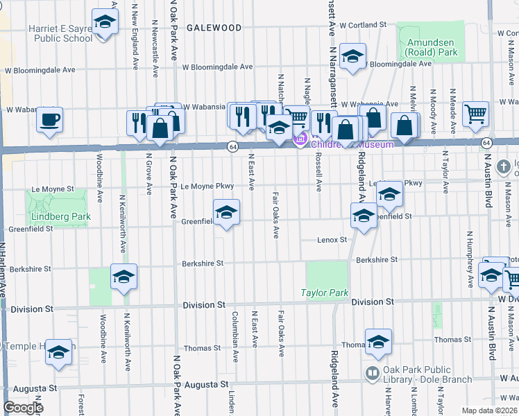 map of restaurants, bars, coffee shops, grocery stores, and more near 1047 Fair Oaks Avenue in Oak Park