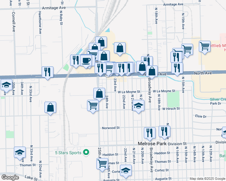 map of restaurants, bars, coffee shops, grocery stores, and more near 1736 23rd Avenue in Melrose Park