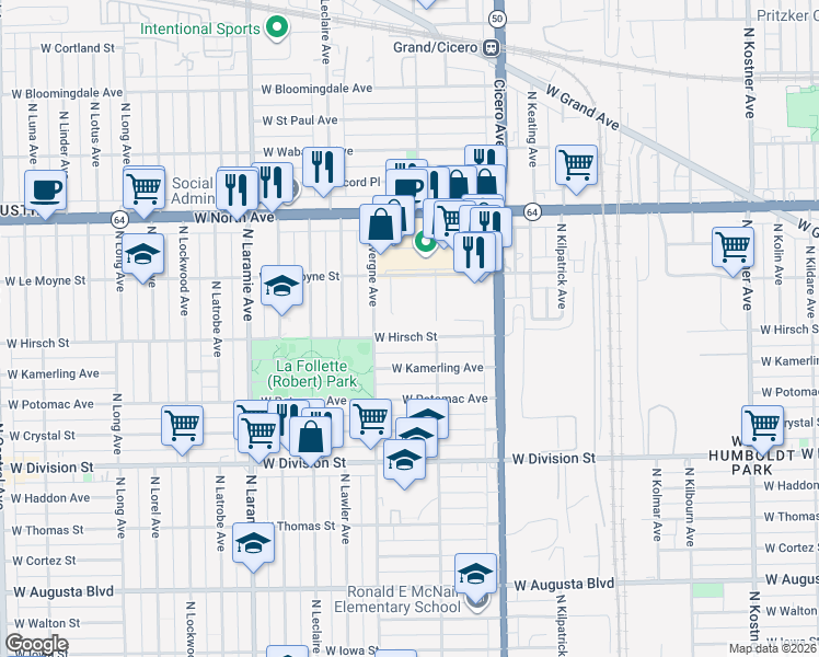 map of restaurants, bars, coffee shops, grocery stores, and more near 4937 West Hirsch Street in Chicago