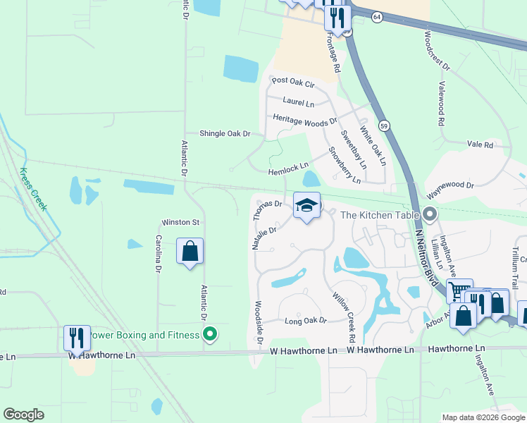 map of restaurants, bars, coffee shops, grocery stores, and more near 351 Natalie Drive in West Chicago