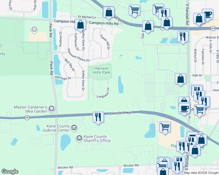 map of restaurants, bars, coffee shops, grocery stores, and more near 2934 Langston Circle in St. Charles