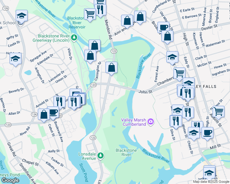 map of restaurants, bars, coffee shops, grocery stores, and more near 5 Grant Avenue in Lincoln