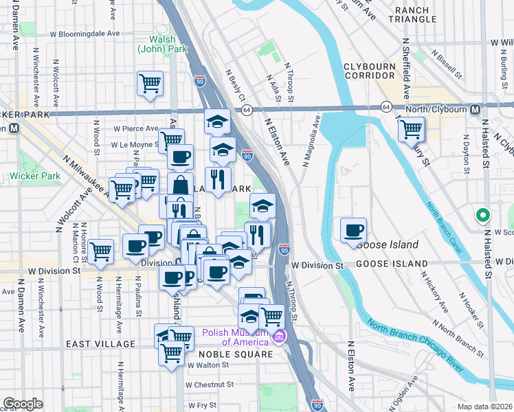 map of restaurants, bars, coffee shops, grocery stores, and more near 1300 North Noble Street in Chicago