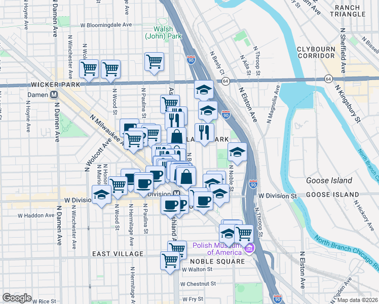 map of restaurants, bars, coffee shops, grocery stores, and more near 1311 North Bosworth Avenue in Chicago