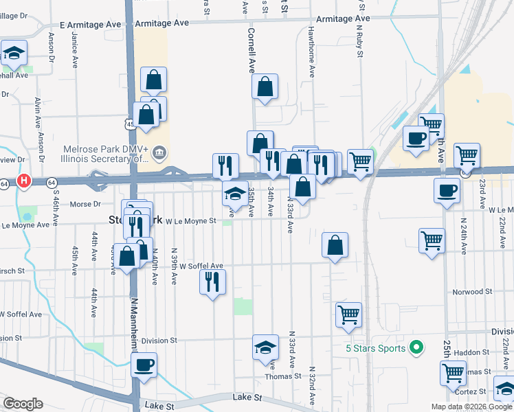 map of restaurants, bars, coffee shops, grocery stores, and more near 1745 35th Avenue in Stone Park