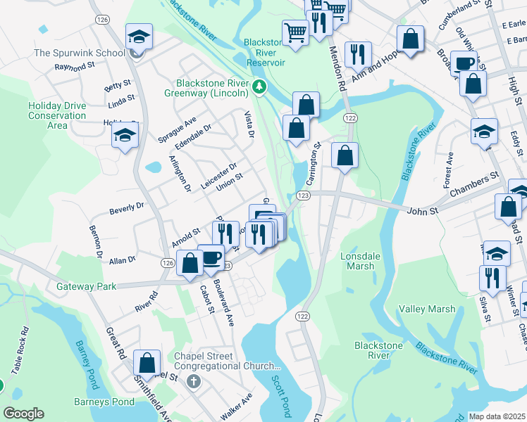 map of restaurants, bars, coffee shops, grocery stores, and more near 46 Grove Street in Lincoln