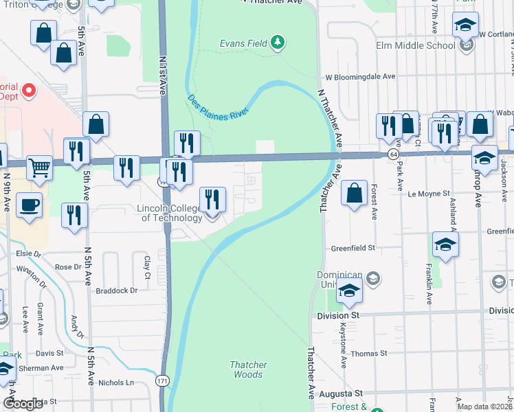 map of restaurants, bars, coffee shops, grocery stores, and more near 1700 Riverwoods Drive in Melrose Park
