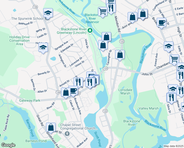 map of restaurants, bars, coffee shops, grocery stores, and more near 44 Grove Street in Lincoln