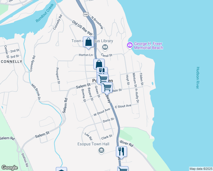 map of restaurants, bars, coffee shops, grocery stores, and more near 185 Broadway Street in Port Ewen