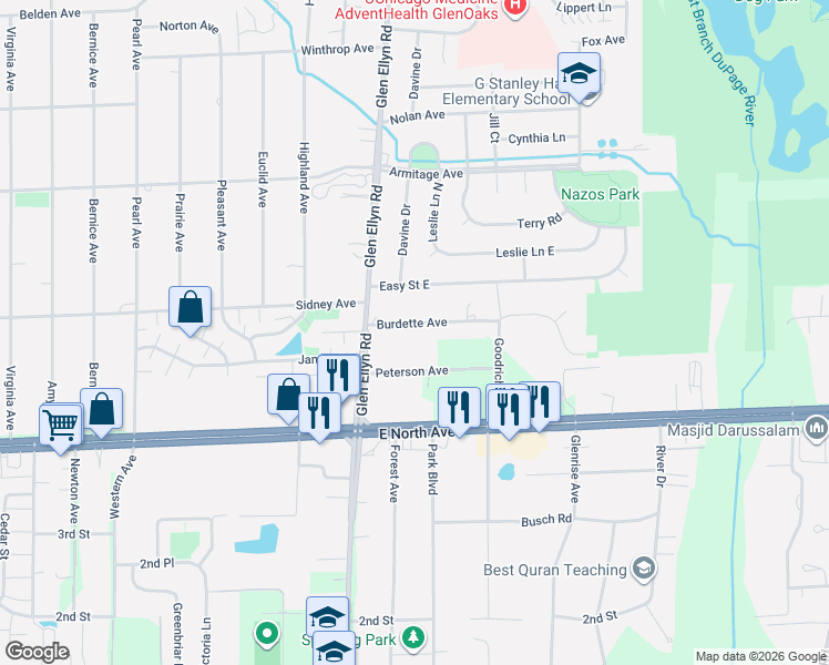 map of restaurants, bars, coffee shops, grocery stores, and more near 638 Burdette Avenue in Glendale Heights