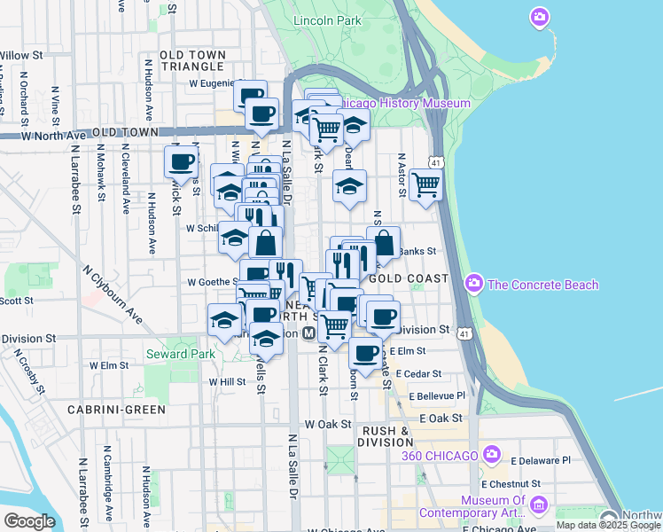 map of restaurants, bars, coffee shops, grocery stores, and more near 1327 North Sutton Place in Chicago