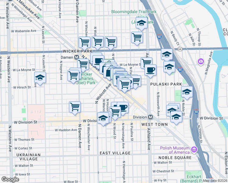 map of restaurants, bars, coffee shops, grocery stores, and more near 1315 North Wicker Park Avenue in Chicago