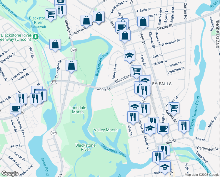 map of restaurants, bars, coffee shops, grocery stores, and more near 69 John Street in Cumberland