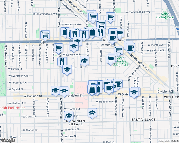 map of restaurants, bars, coffee shops, grocery stores, and more near 1343 North Leavitt Street in Chicago