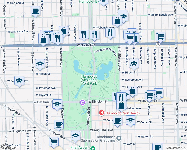 map of restaurants, bars, coffee shops, grocery stores, and more near 1394 North Sacramento Avenue in Chicago