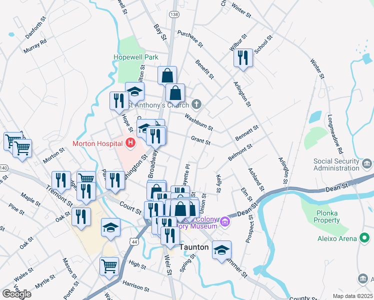 map of restaurants, bars, coffee shops, grocery stores, and more near 11 Grant Street in Taunton