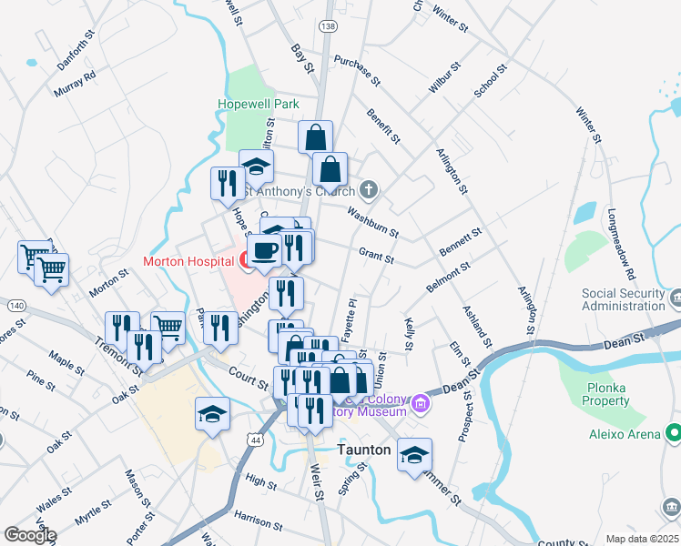 map of restaurants, bars, coffee shops, grocery stores, and more near 11 Grant Street in Taunton
