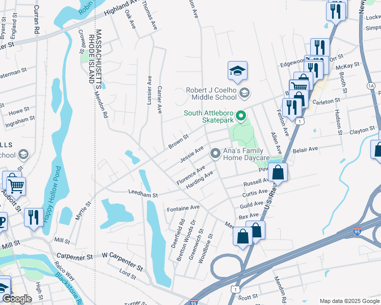 map of restaurants, bars, coffee shops, grocery stores, and more near 7375 Laurier Avenue in Attleboro