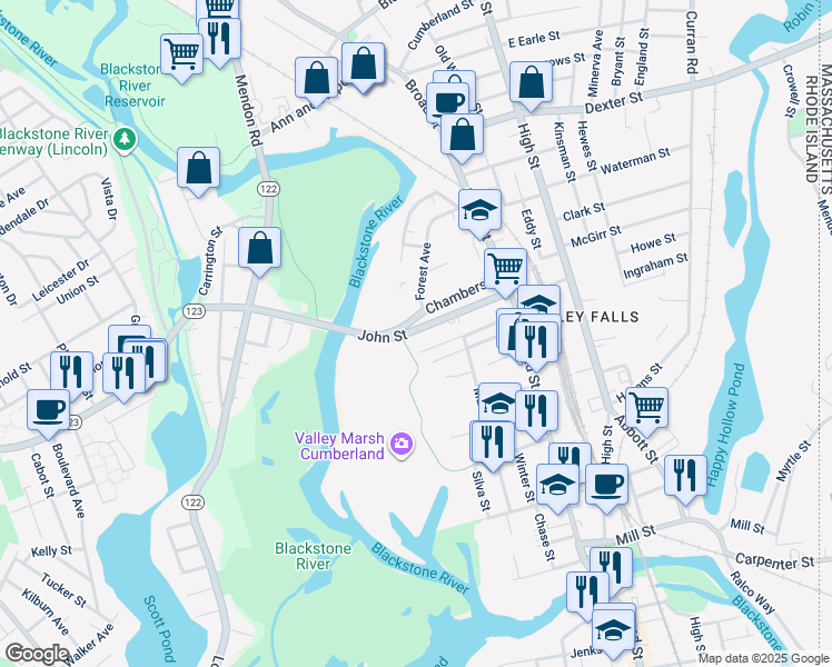 map of restaurants, bars, coffee shops, grocery stores, and more near 76 Forest Avenue in Cumberland