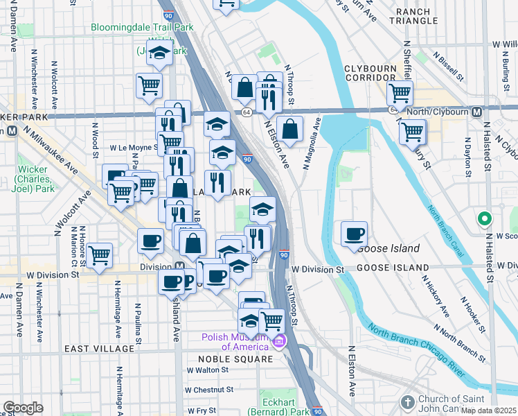 map of restaurants, bars, coffee shops, grocery stores, and more near 1406 West Blackhawk Street in Chicago