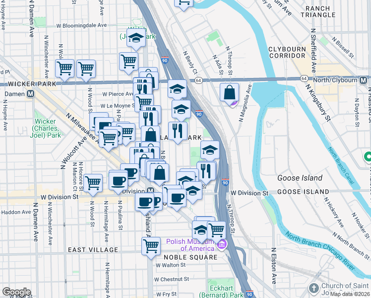 map of restaurants, bars, coffee shops, grocery stores, and more near in Chicago