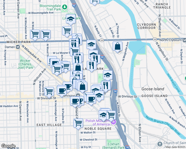 map of restaurants, bars, coffee shops, grocery stores, and more near 1441 West Blackhawk Street in Chicago