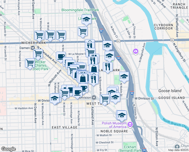 map of restaurants, bars, coffee shops, grocery stores, and more near in Chicago