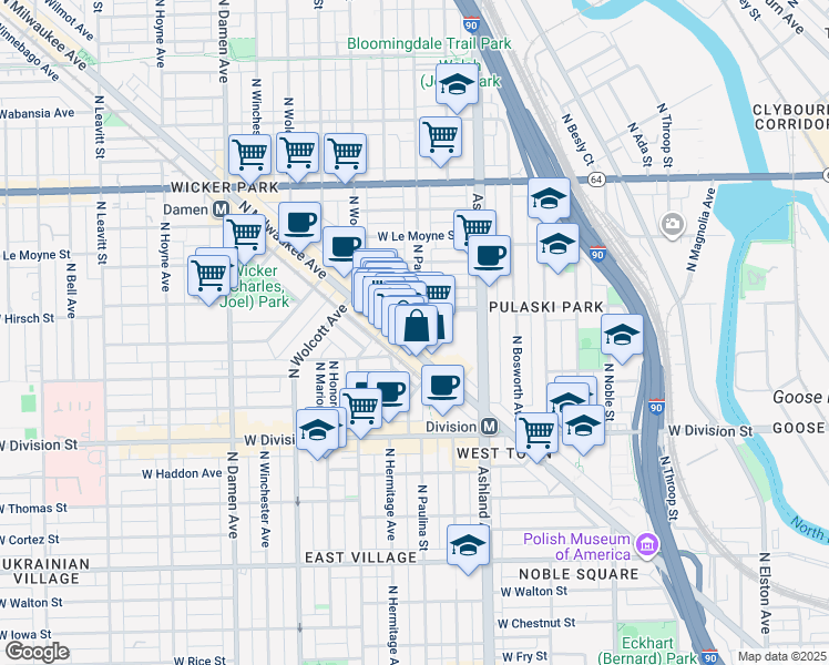 map of restaurants, bars, coffee shops, grocery stores, and more near 1353 North Dean Street in Chicago