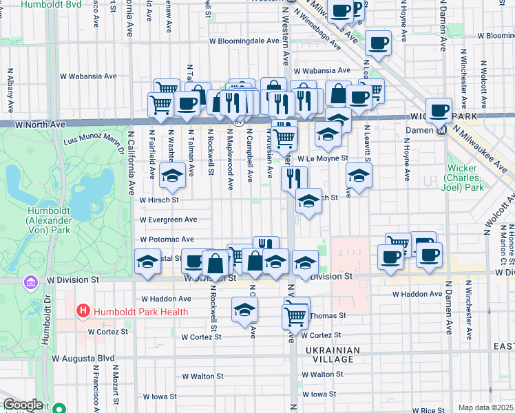 map of restaurants, bars, coffee shops, grocery stores, and more near 1408 North Artesian Avenue in Chicago