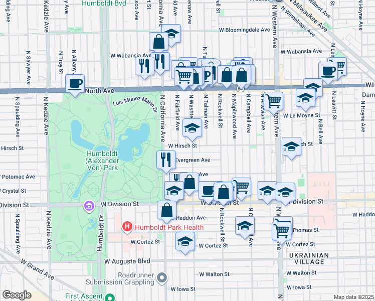 map of restaurants, bars, coffee shops, grocery stores, and more near 1410 North Washtenaw Avenue in Chicago
