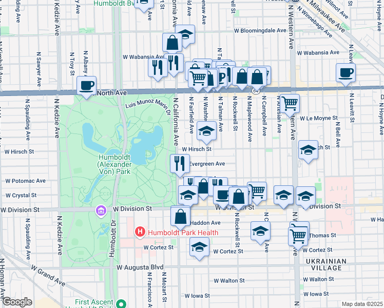 map of restaurants, bars, coffee shops, grocery stores, and more near 1410 North Fairfield Avenue in Chicago