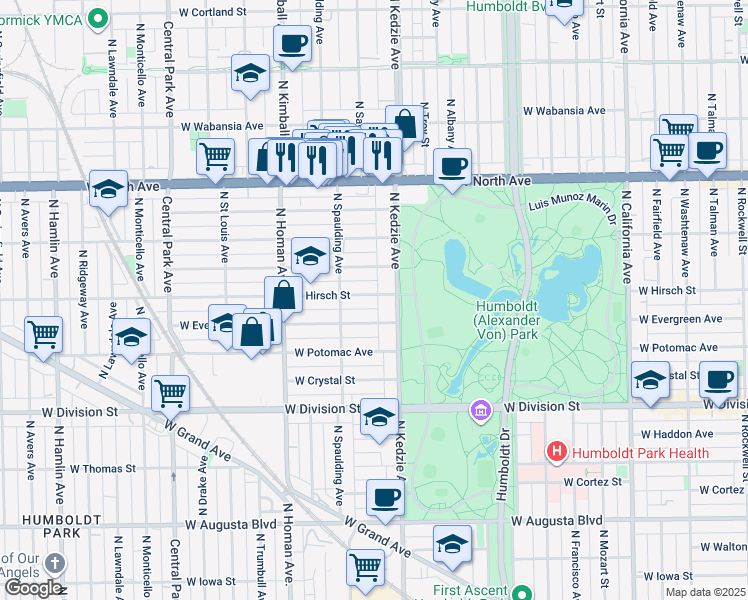 map of restaurants, bars, coffee shops, grocery stores, and more near 3227 West Beach Avenue in Chicago