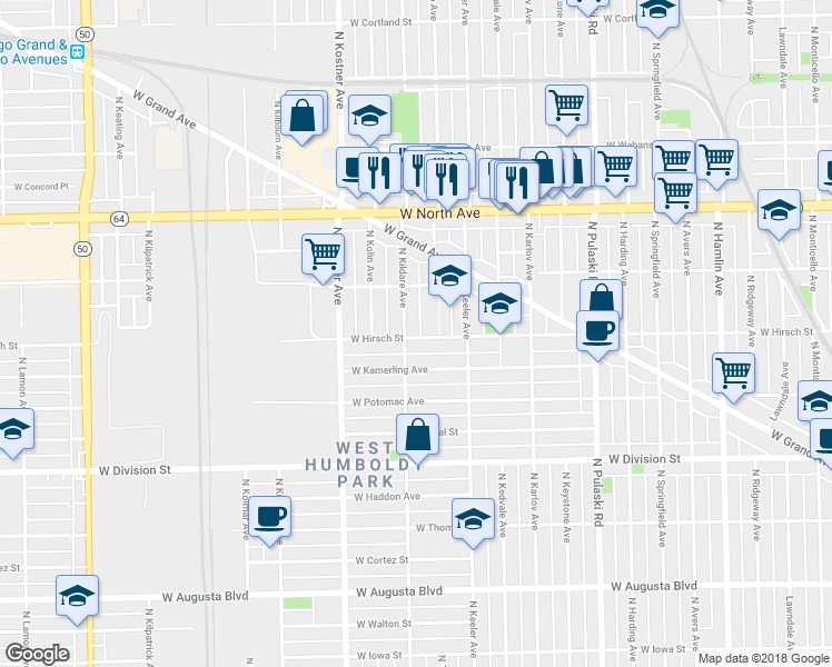 map of restaurants, bars, coffee shops, grocery stores, and more near 1425 North Kildare Avenue in Chicago