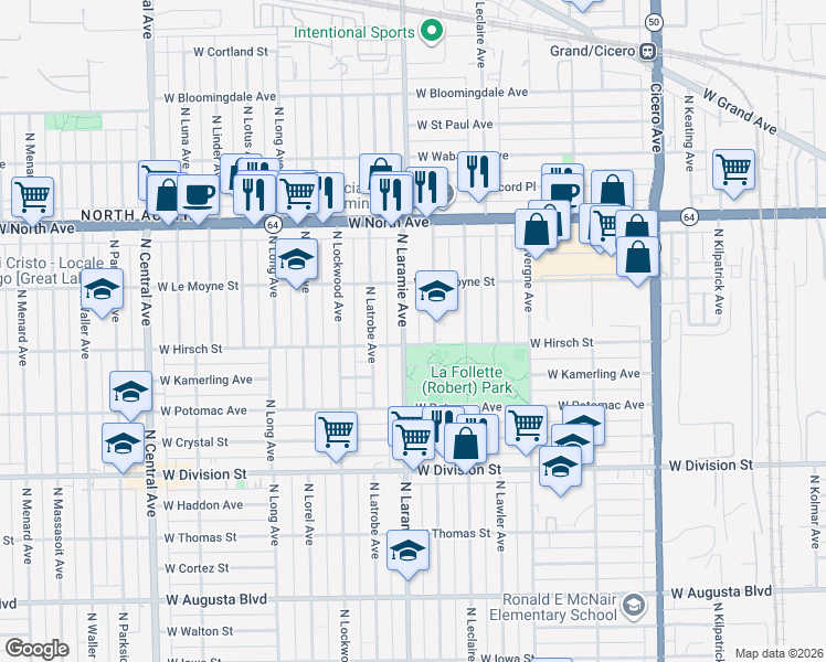 map of restaurants, bars, coffee shops, grocery stores, and more near 1440 North Laramie Avenue in Chicago
