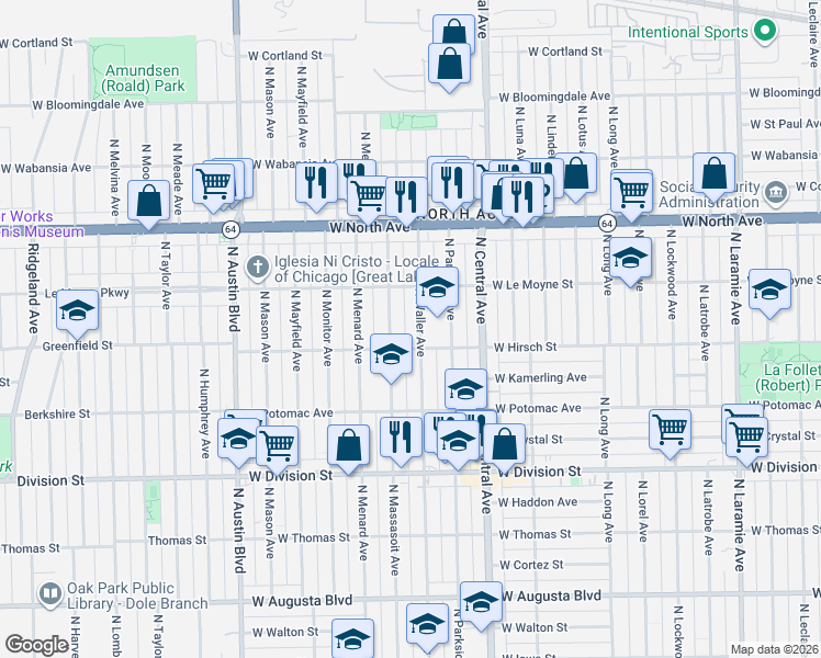 map of restaurants, bars, coffee shops, grocery stores, and more near 1438 North Waller Avenue in Chicago