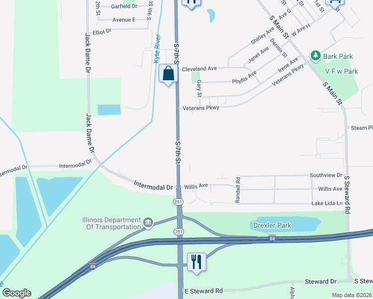 map of restaurants, bars, coffee shops, grocery stores, and more near 1057 South 7th Street in Rochelle