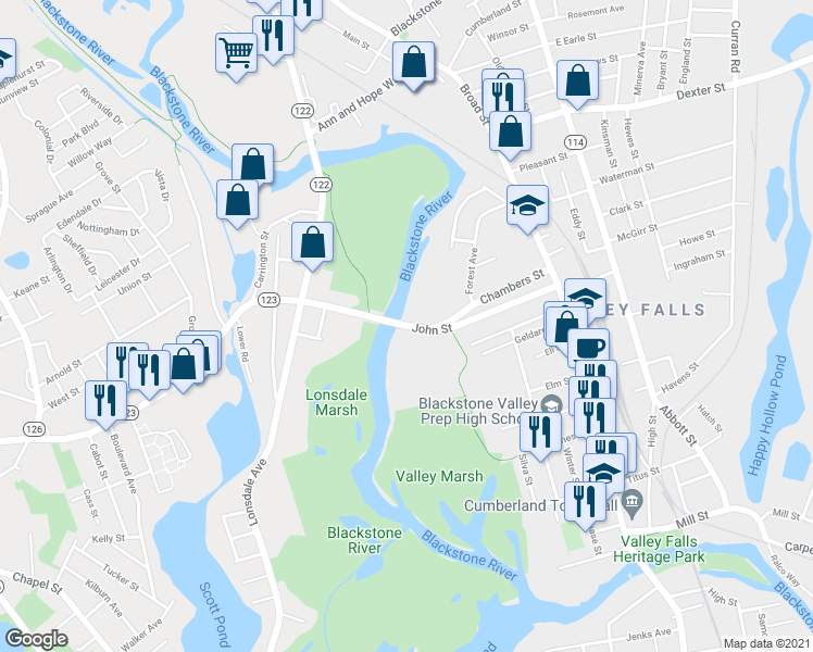 map of restaurants, bars, coffee shops, grocery stores, and more near 101 John Street in Cumberland