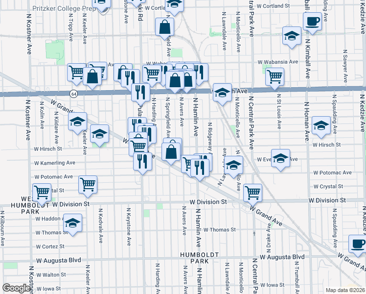 map of restaurants, bars, coffee shops, grocery stores, and more near N Avers Ave & W Hirsch St in Chicago