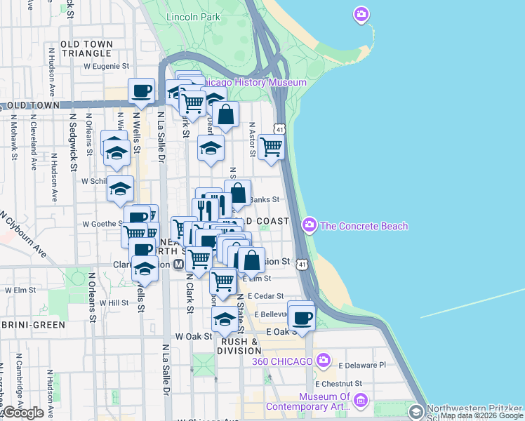 map of restaurants, bars, coffee shops, grocery stores, and more near 1310 North Ritchie Court in Chicago