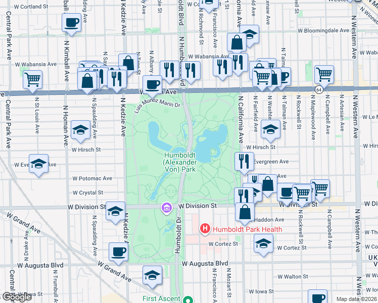 map of restaurants, bars, coffee shops, grocery stores, and more near 1440 North Sacramento Avenue in Chicago