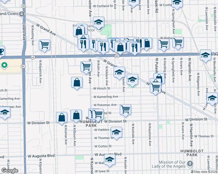 map of restaurants, bars, coffee shops, grocery stores, and more near 4260 West Hirsch Street in Chicago