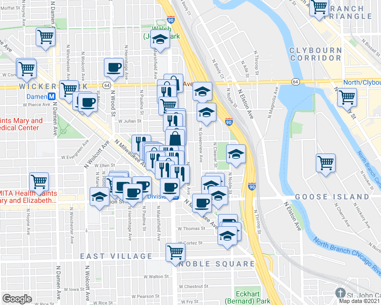 map of restaurants, bars, coffee shops, grocery stores, and more near 1343 North Bosworth Avenue in Chicago