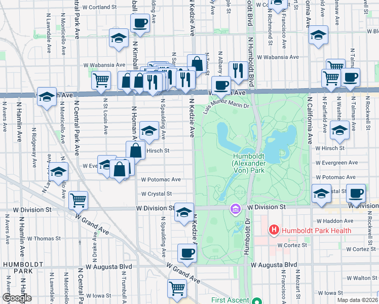 map of restaurants, bars, coffee shops, grocery stores, and more near in Chicago