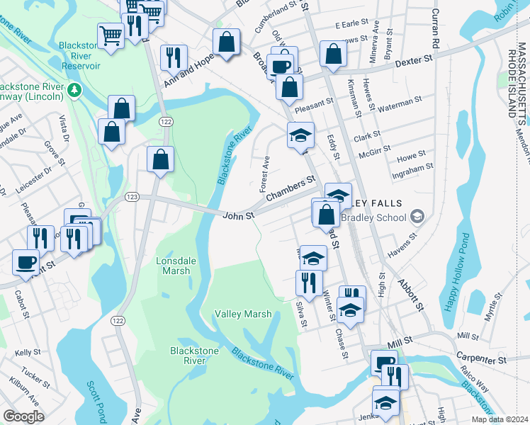 map of restaurants, bars, coffee shops, grocery stores, and more near 77 John Street in Cumberland