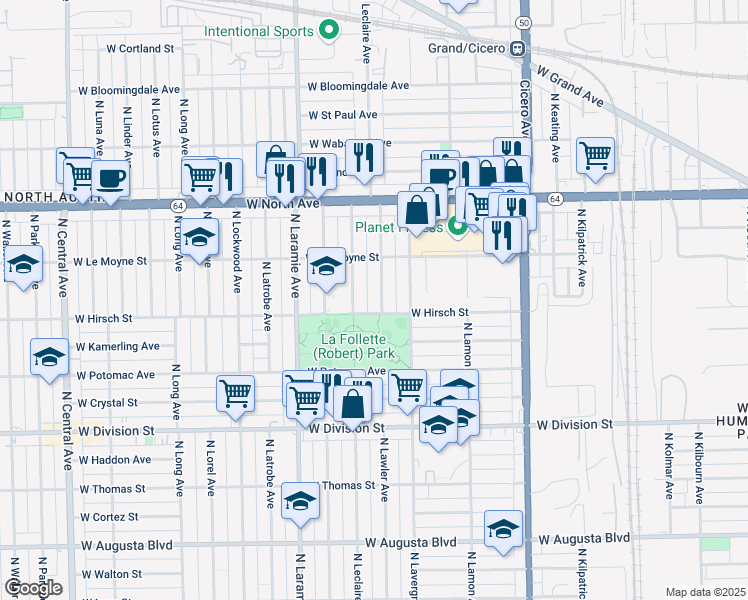 map of restaurants, bars, coffee shops, grocery stores, and more near 1412 North Lawler Avenue in Chicago